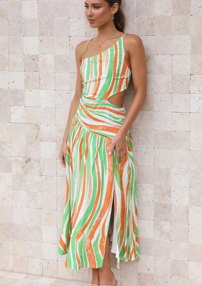 Stripe Pattern Drop Waist Silhouette Midi Dress