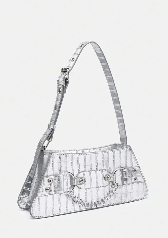 SILVER EMBOSSED TEXTURE SHOULDER BAG