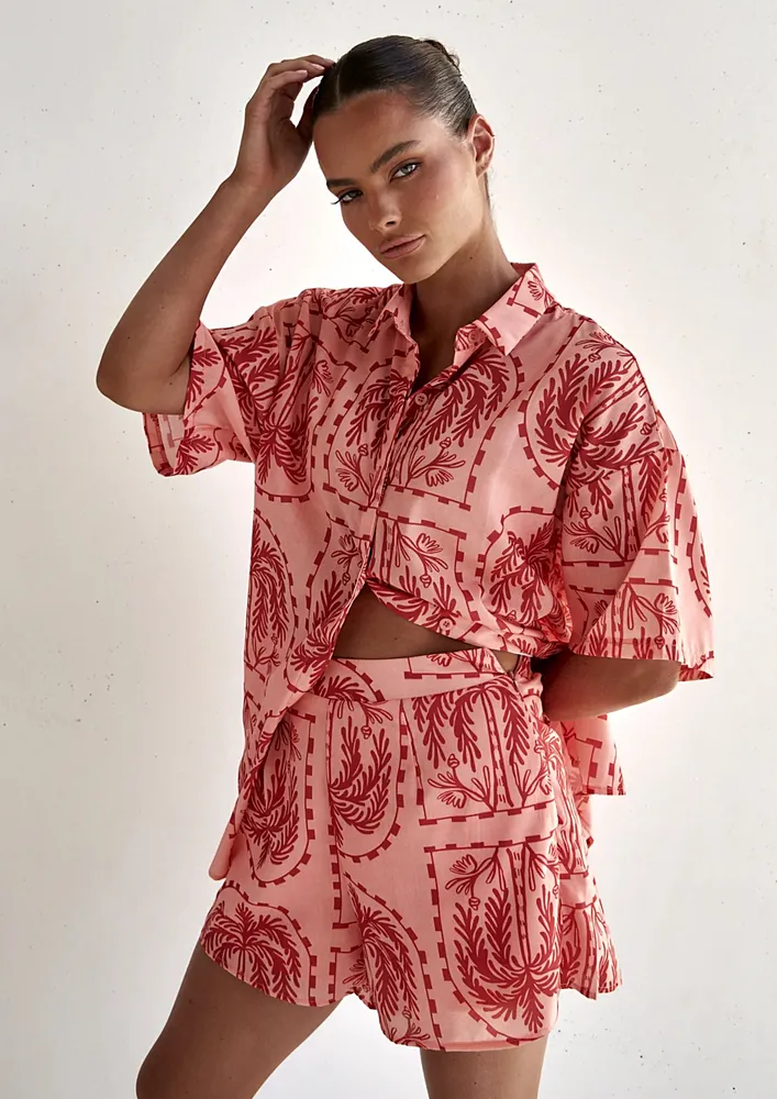 PRINTED RED LOUNGE SHIRT AND SHORTS SET