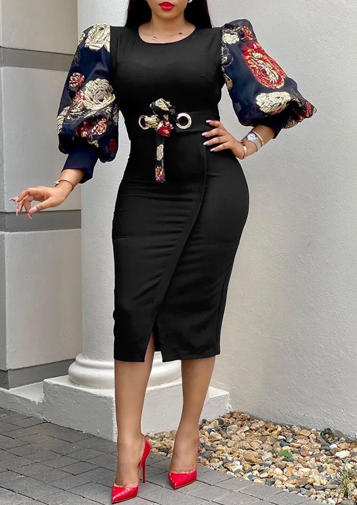 PRINTED SLEEVE BLACK PENCIL DRESS