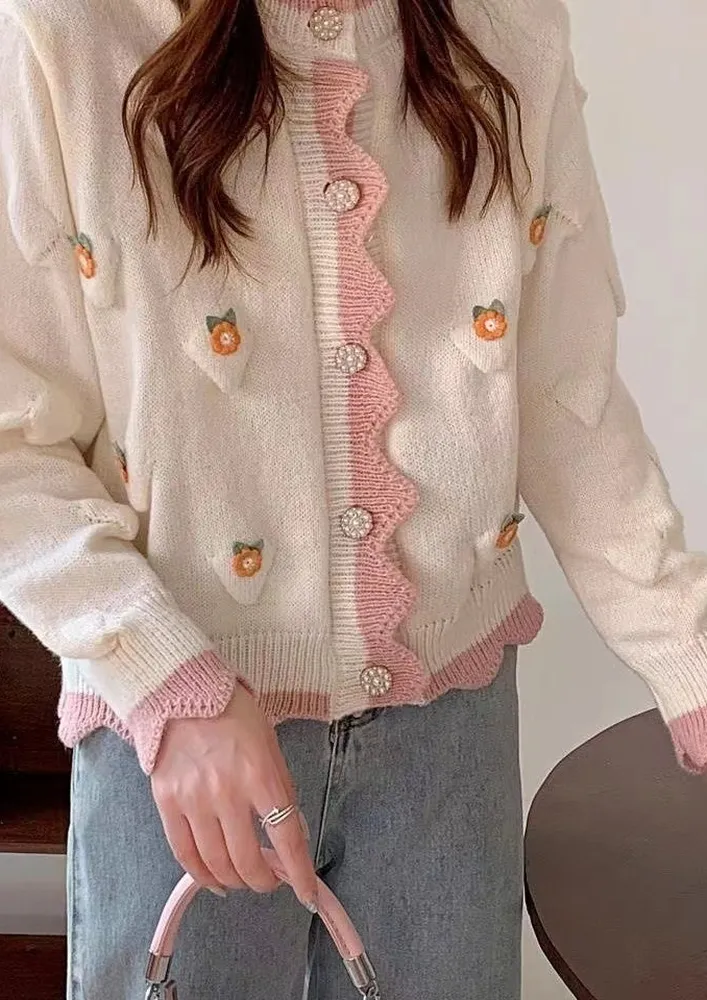 White Applique Details Cardigan 