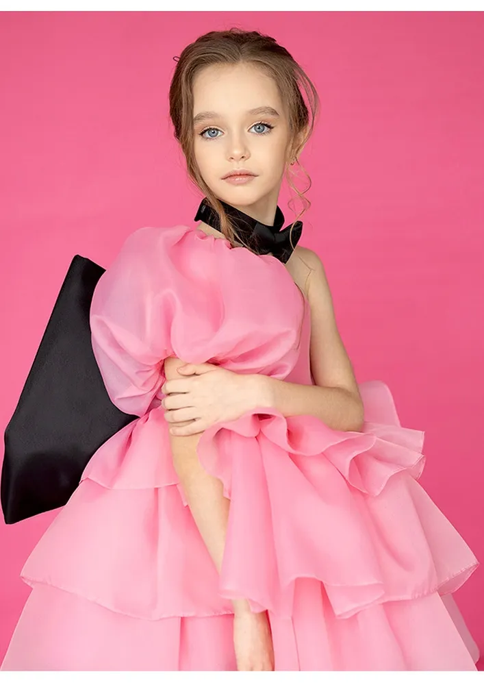 Girls Pink One Shoulder Bow Dress