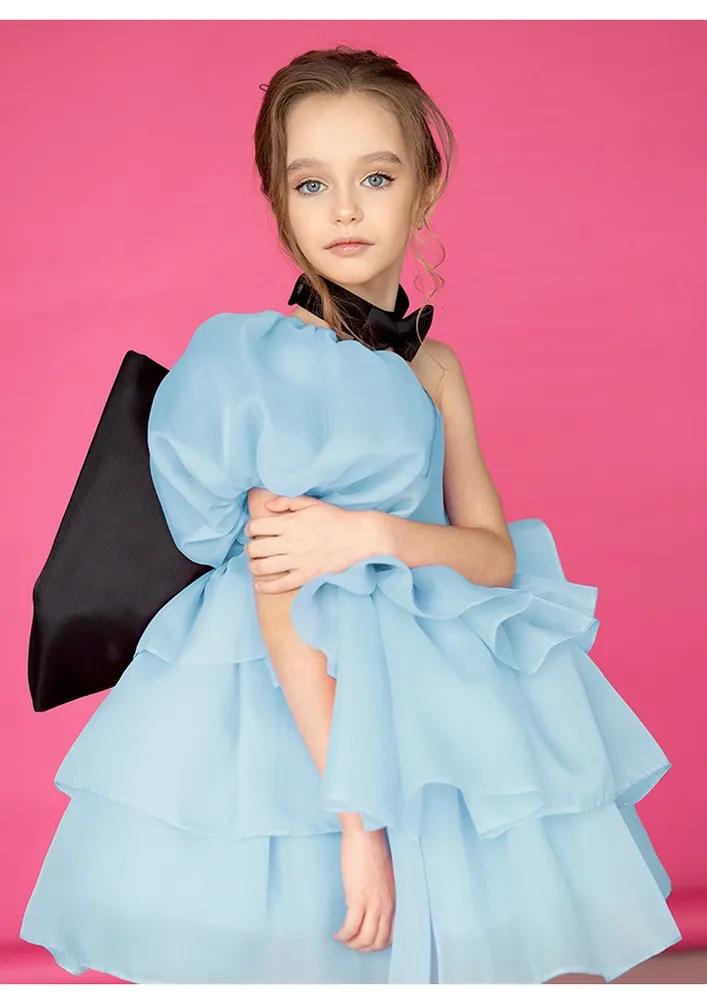 Girls Blue One Shoulder Bow Dress