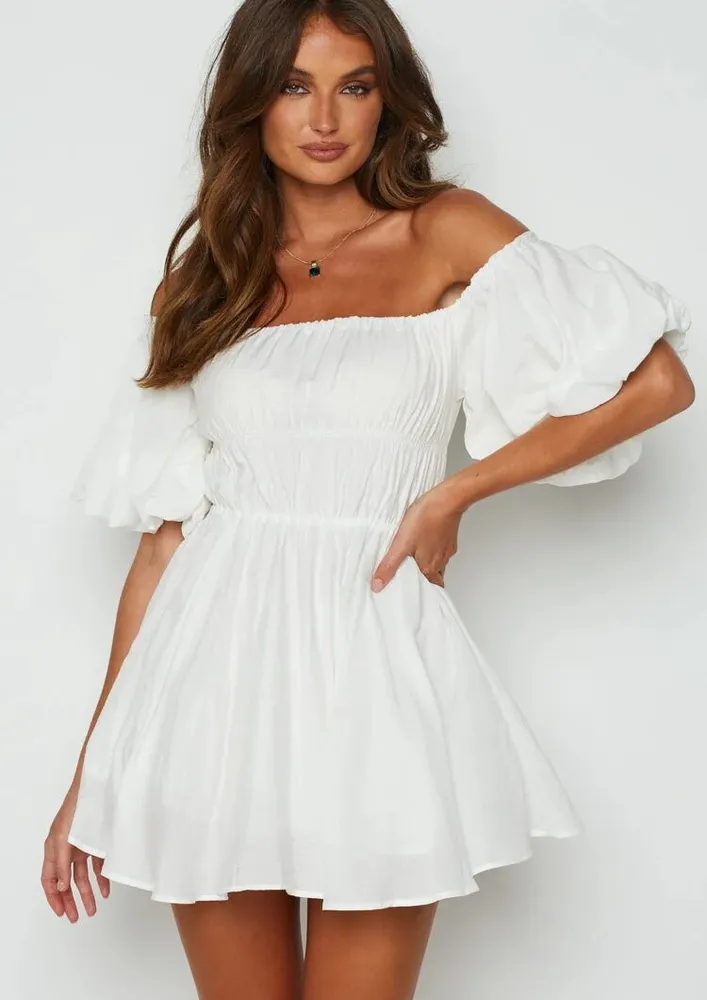 White Ruched Detail Off-shoulder A-line Dress