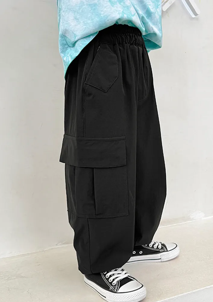 Boys Black Tapered Cargo Pants