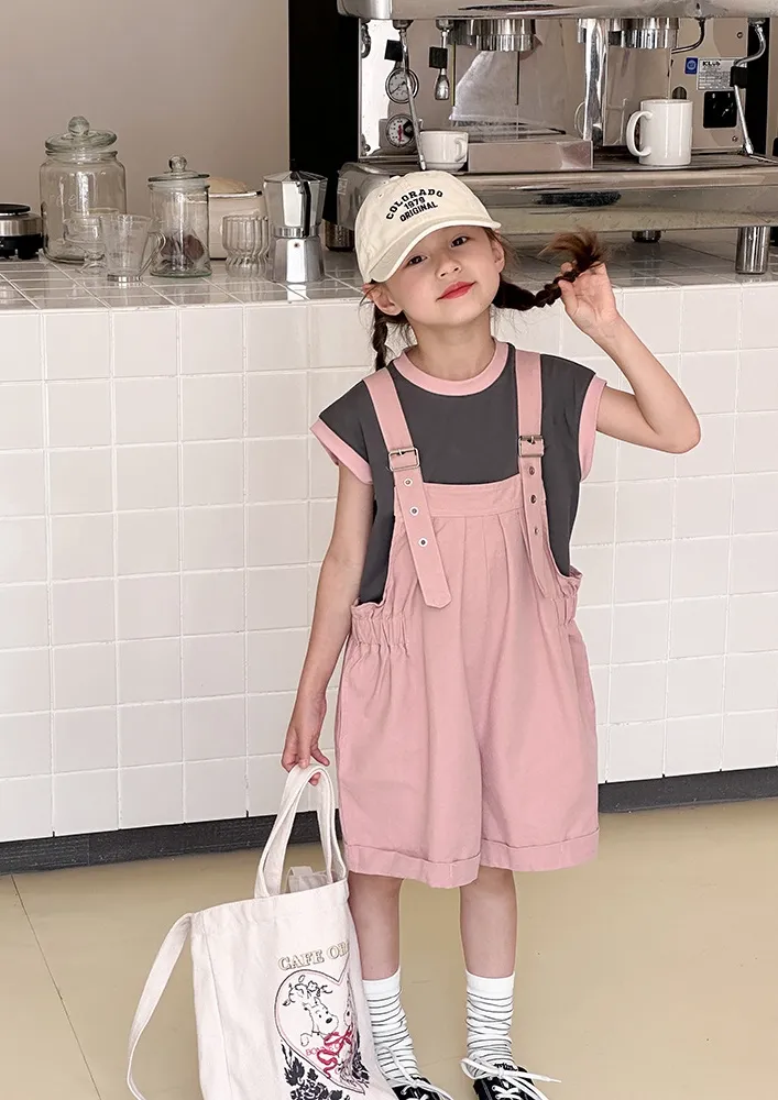 Girls Pink Folded Hem Dungaree