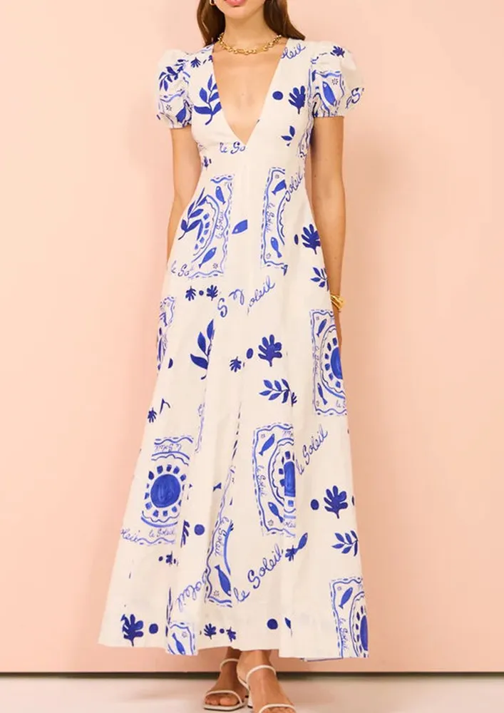 White Block Print Maxi Dress 