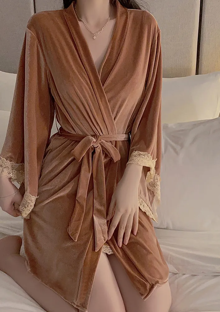 Rose Gold Contrast Lace Tie-belt Night Robe