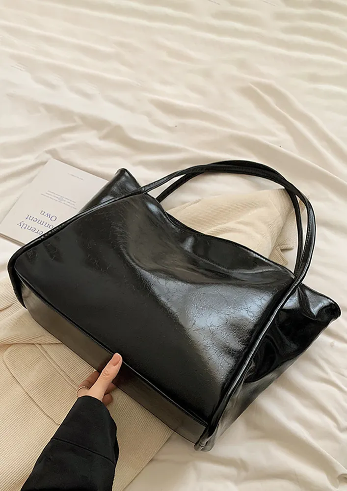 BLACK FAUX LEATHER SHOPPER BAG