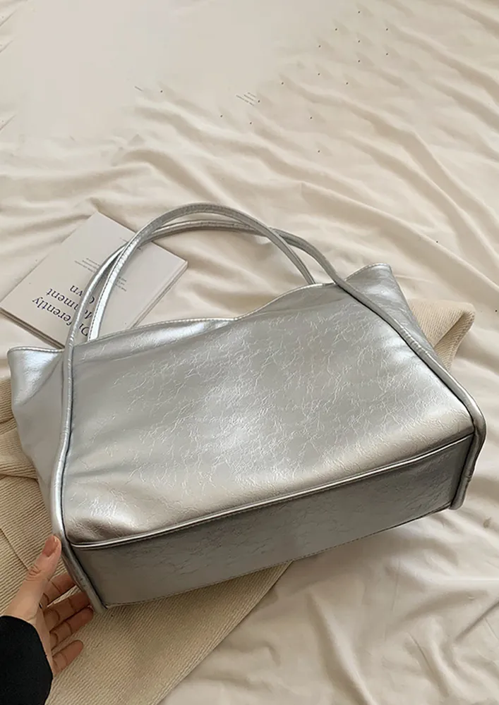 SILVER FAUX LEATHER SHOPPER BAG