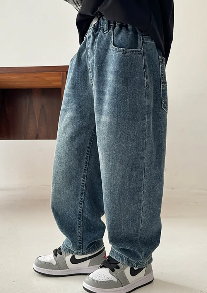 Blue Washed-effect Whiskered Boys Jeans
