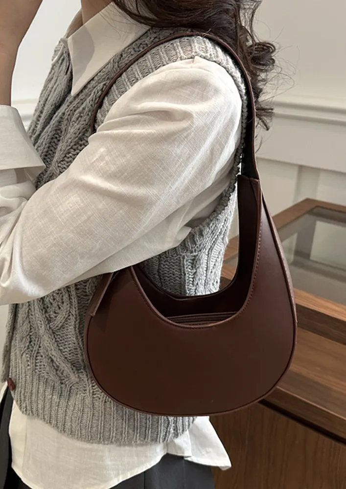 BROWN IRREGULAR CRESENT SHOULDER BAG