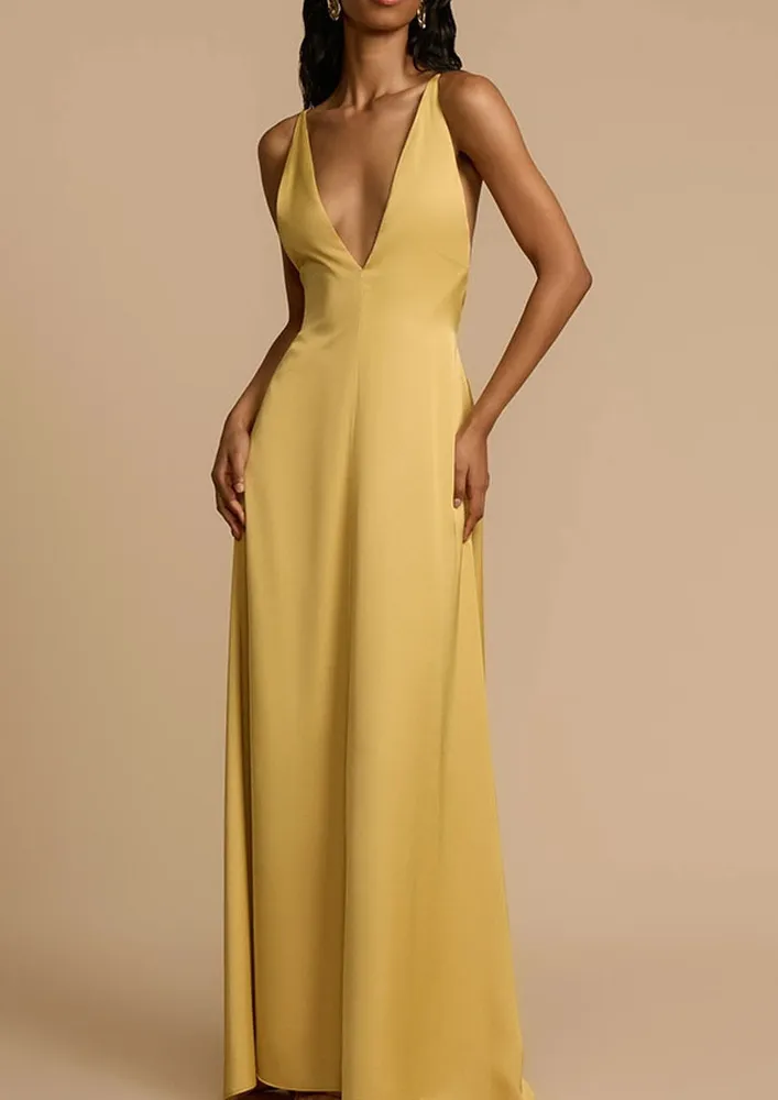 Yellow Backless Beaded-strap Long Dress