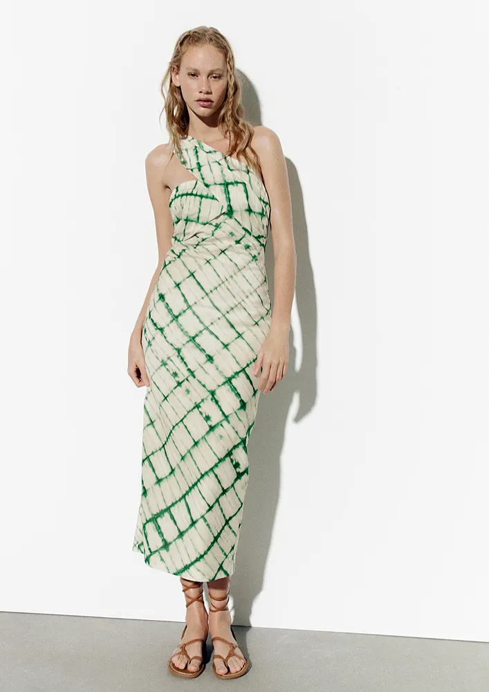 ASYMMETRICAL GREEN PRINTED MIDI DRESS