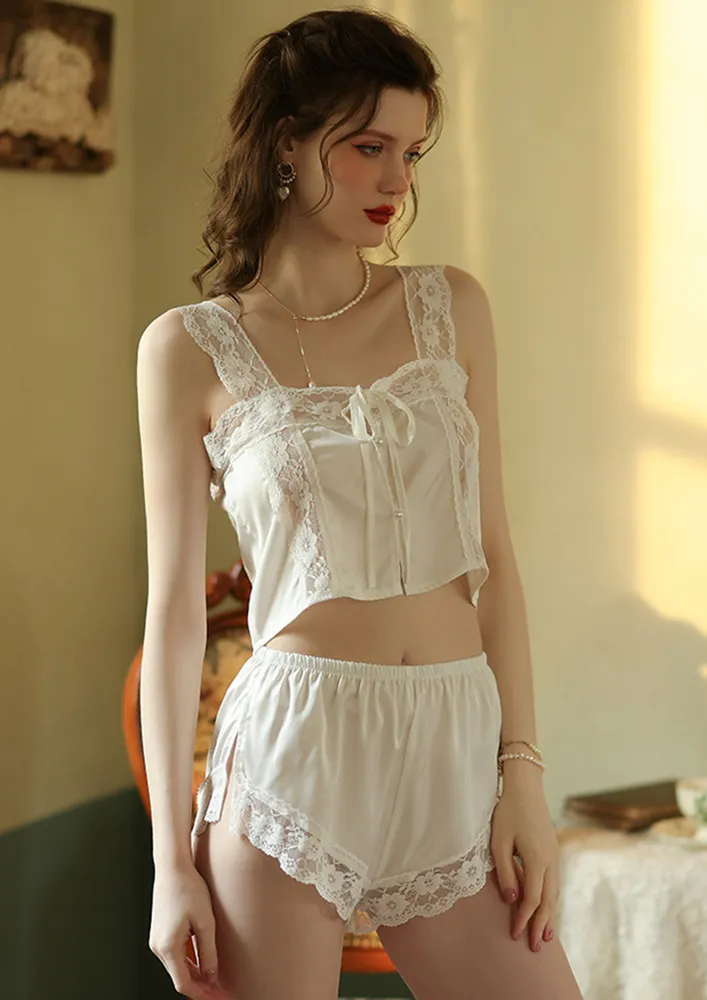 Free Size White 2pc Nightwear Top & Shorts Set