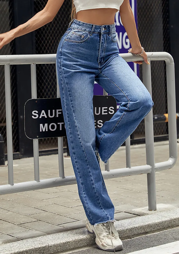 HIGH-WAISTED DEEP BLUE STRAIGHT JEANS