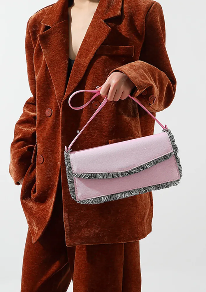 CONTRAST FRAYED-EDGES PINK DENIM BAG