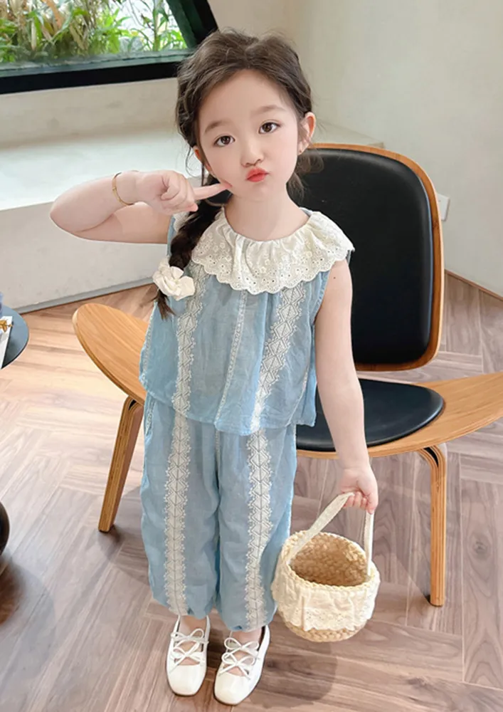 Girls 2pc Blue Embroidered Top W/ Pants