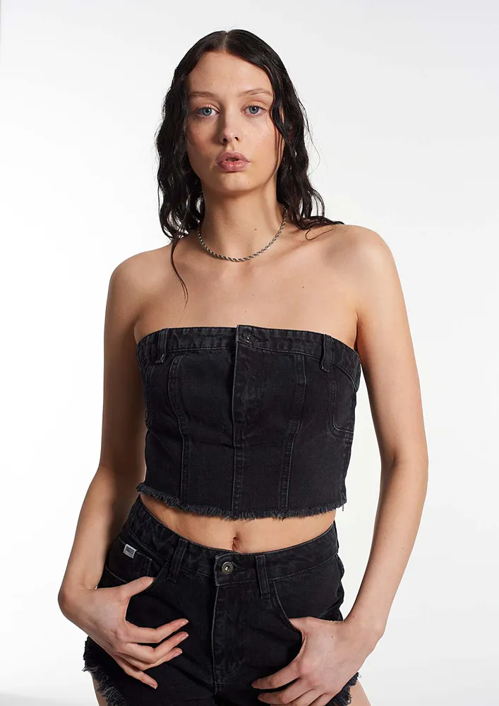 Black Fray-edge Denim Tube Top