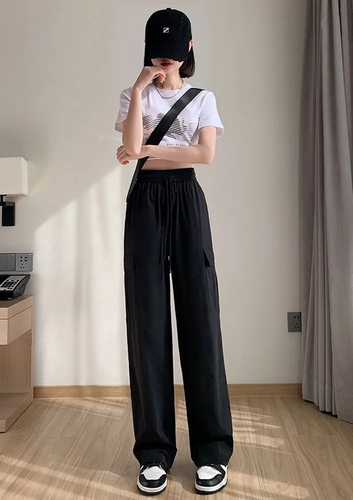 Black High Straight Drawstring Cargo Pants