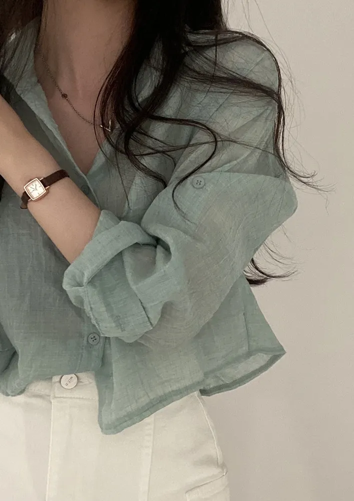 Green Sheer Crinkle-effect Free Size Shirt