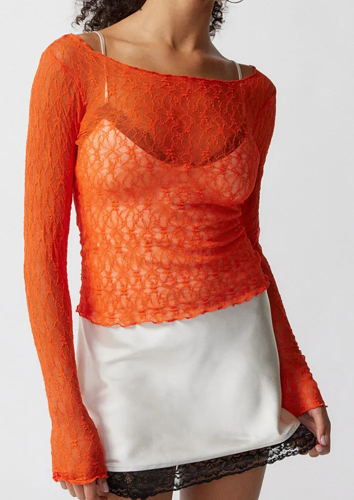 Orange Lettuce Trim Sheer Lace Top 