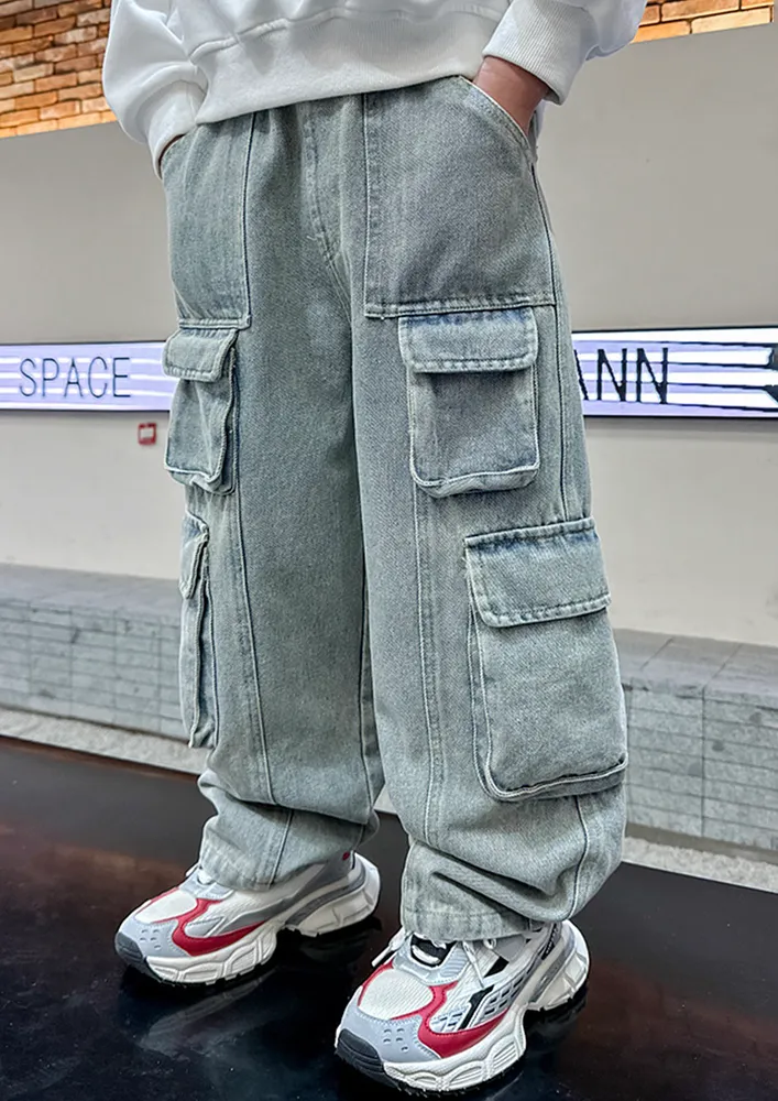 Boys Blue Washed Effect Cargo Jeans