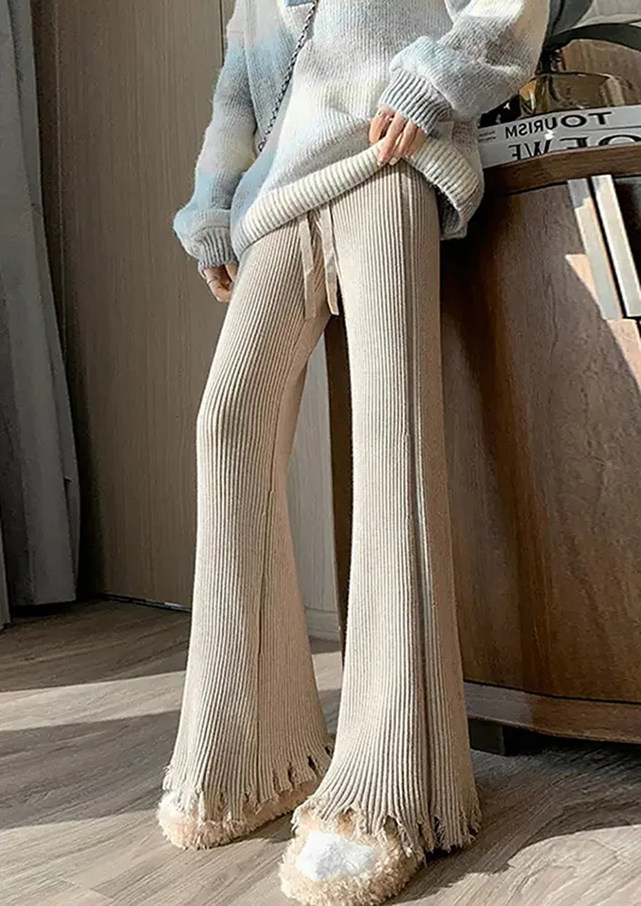 FLARED RIB-KNIT HIGH-WAIST BEIGE TROUSER