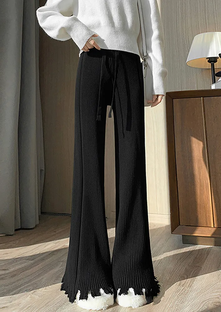 FLARED RIB-KNIT HIGH-WAIST BLACK TROUSER