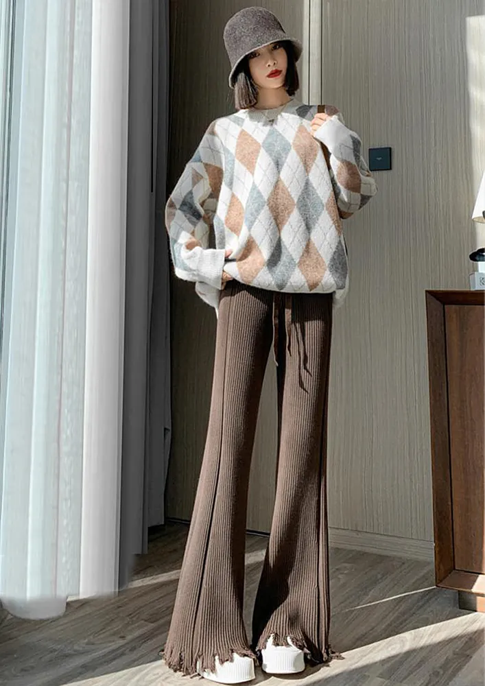 FLARED RIB-KNIT HIGH-WAIST BROWN TROUSER