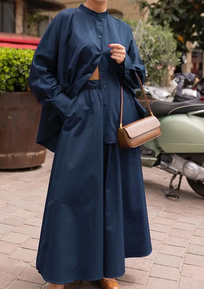 Blue Band Collar Shirt & Palazzo Pants