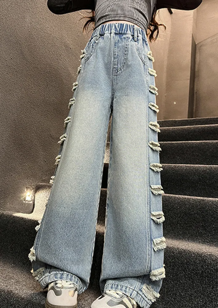 Girls Blue Raw-trimmed Detail Jeans