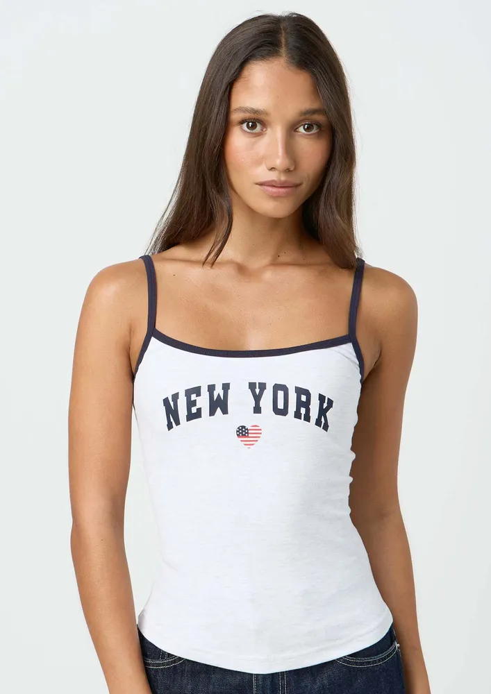 White Typographic Strappy Cami Top