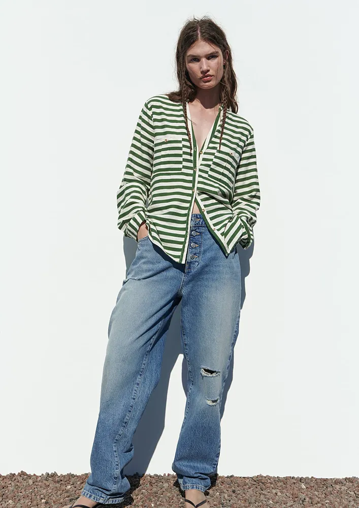 MANDARIN-V NECK GREEN STRIPE BLOUSE