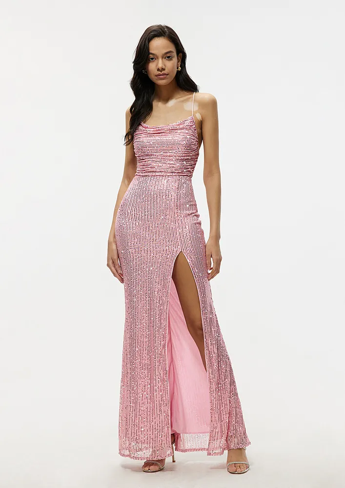 SEQUIN FISHTAIL SHIRRED PINK MAXI DRESS