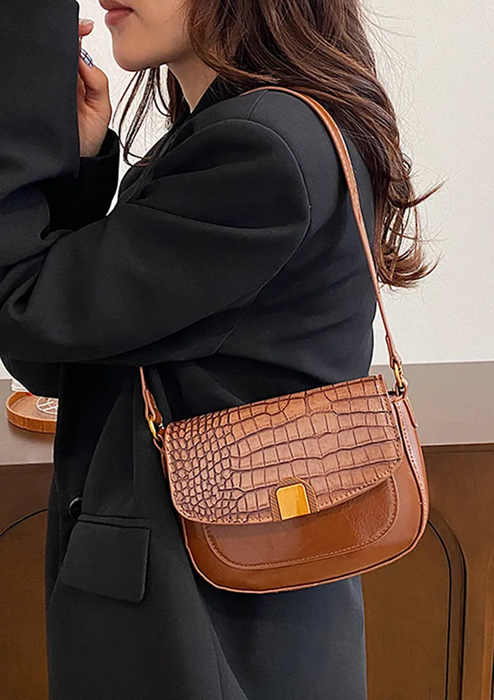 TEXTURED LIGHT BROWN CONCEALED LOCK SHOULDER BAG