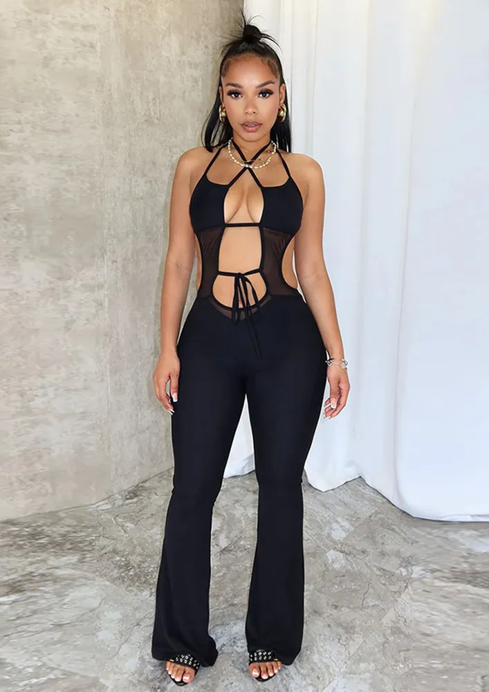 Black Backless Tie-up Flare Jumpsuit