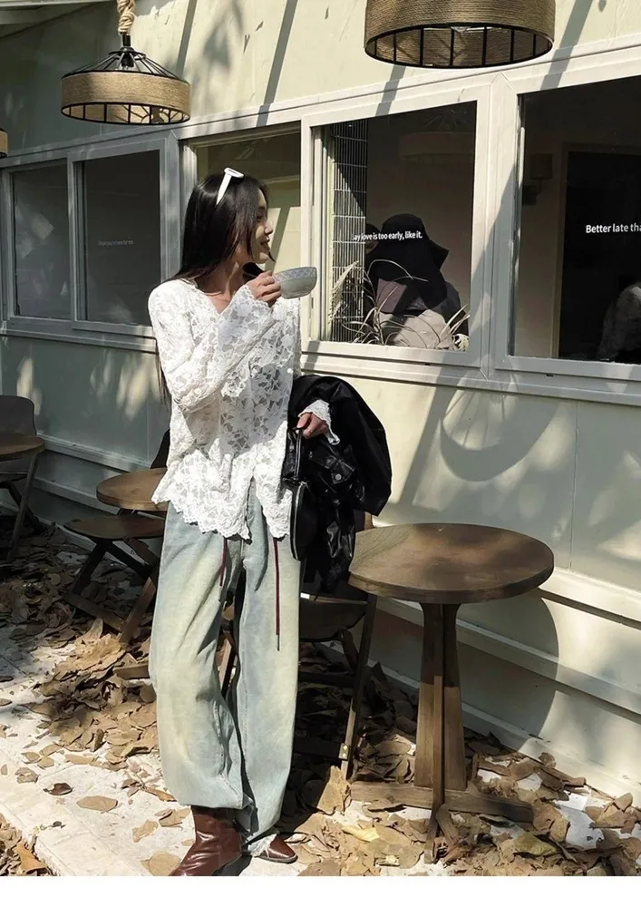 Loose Off-white Lace Sheer Shirt