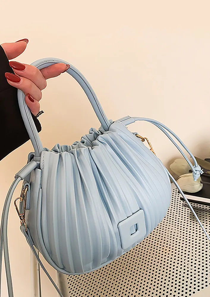 BLUE PLEATED SINGLE HANDLE BUCKET BAG