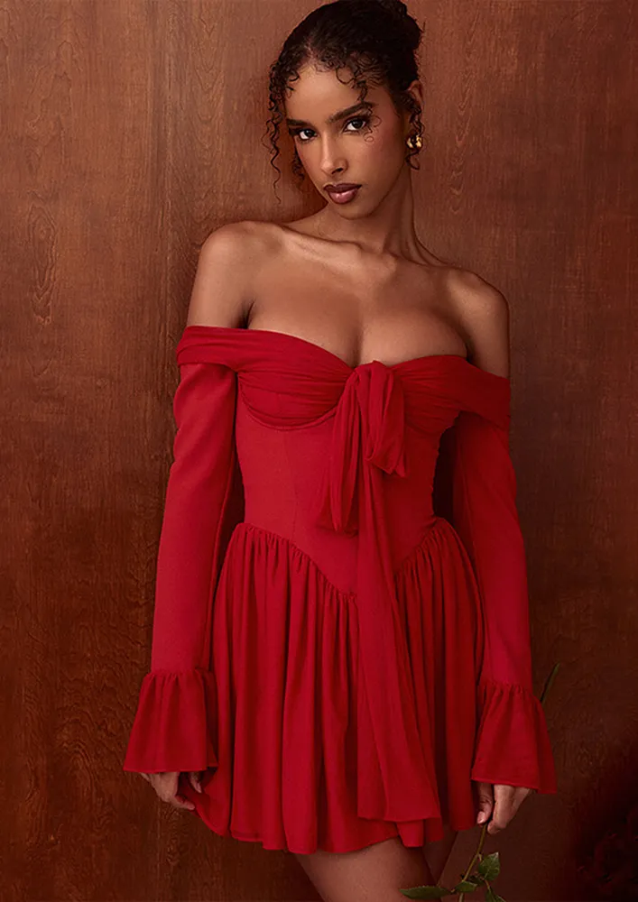 Red Front Knot-tie Off-shoulder Dress
