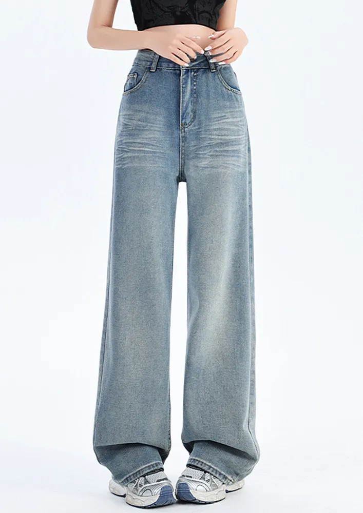 Blue High Washed Effect Boyfriend Jeans