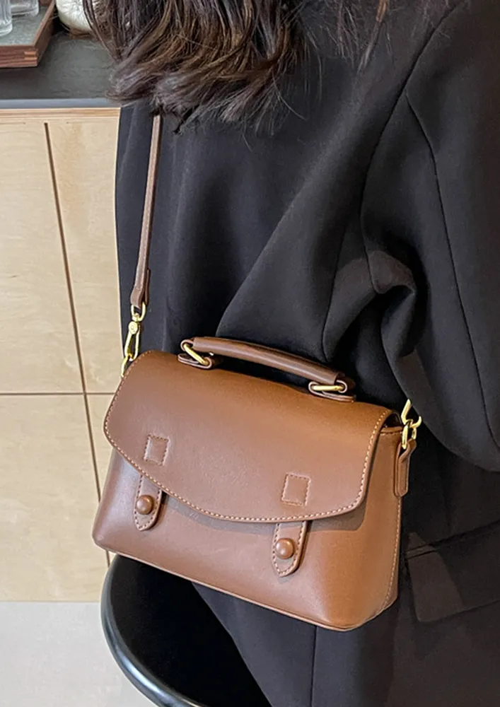 BROWN DOUBLE SNAP LOCKS CROSSBODY BAG