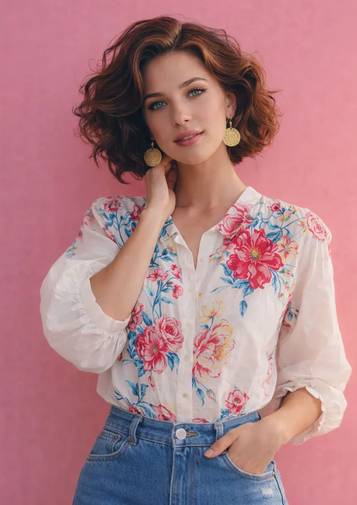 White Floral Puff Sleeve Shirt
