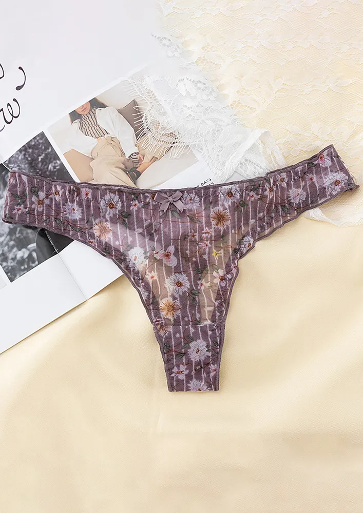 Purple Floral Stripe Pattern Thong