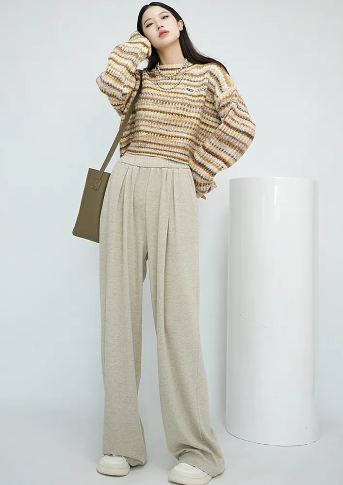 KHAKI HIGH-WAIST CINCHED WAIST TROUSERS