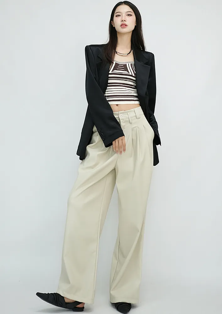 KHAKI PLEATED DETAILS HIGH-WAIST TROUSERS