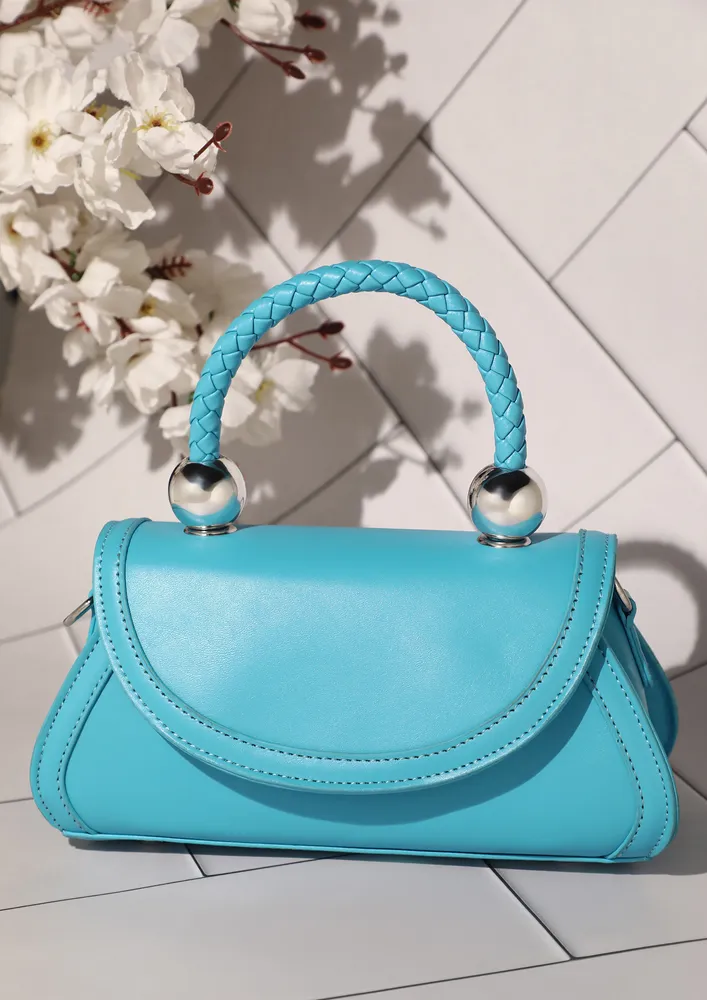 BLUE BRAIDED-HANDLE HANDBAG