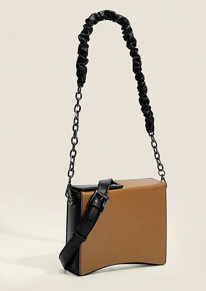 BROWN CONTRAST GEOMETRIC SHOULDER BAG