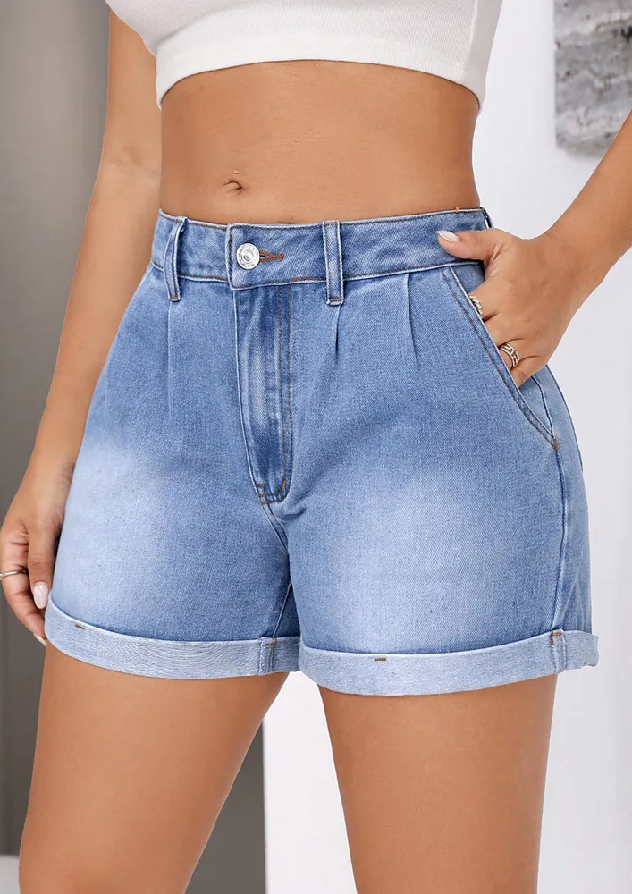 Blue Foldover Hem Denim Shorts