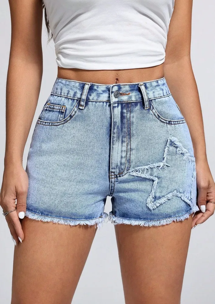 Blue Mid-rise Washed Denim Shorts